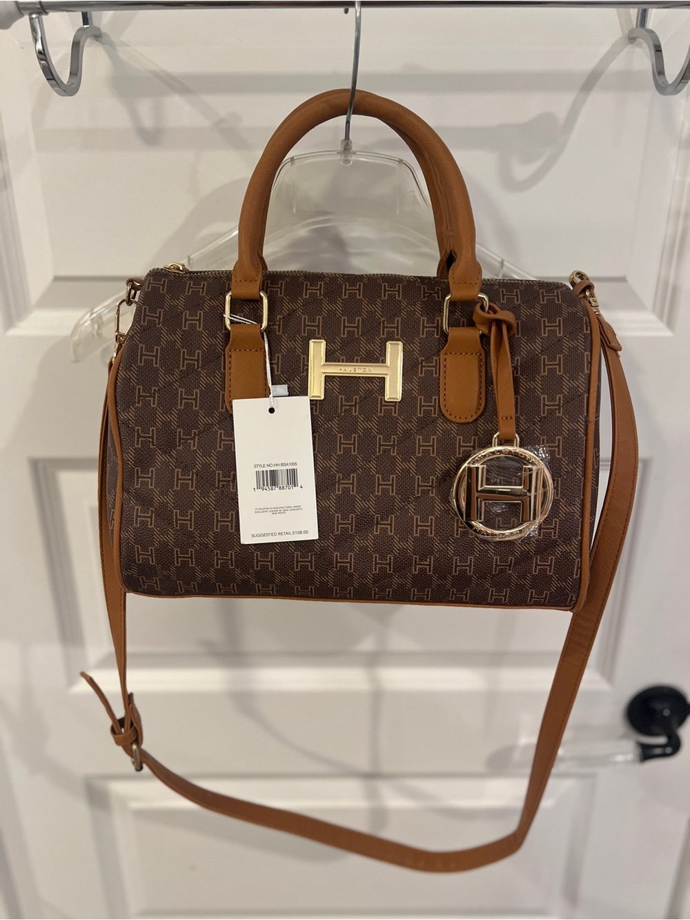 Halston Heritage Brown Monogram Satchel with Tan Accents and Gold Hardware